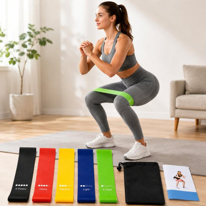 Resistance loop band set with five colored bands, storage bag, and workout card