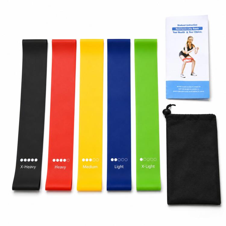 Workout resistance loop bands set with five colored bands, instruction booklet, and pouch