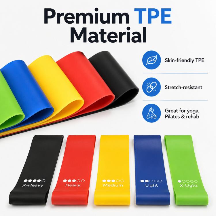 Five colored TPE resistance loop bands: green, blue, yellow, red, and black