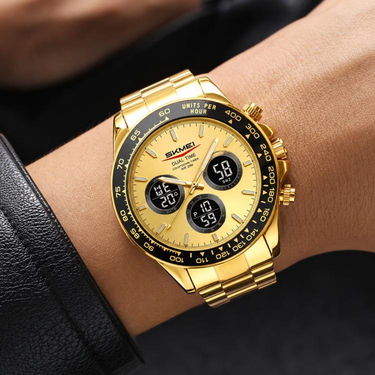 SKMEI gold triple-dial chronograph watch with stainless steel bracelet and digital subdials