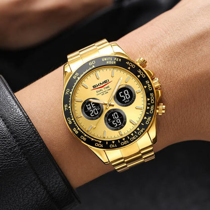 SKMEI gold triple-dial chronograph watch with stainless steel bracelet and digital subdials