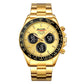 SKMEI gold stainless steel chronograph watch with dual time and black round digital subdials