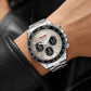 SKMEI silver triple-dial chronograph watch with light gray dial and stainless steel bracelet