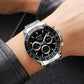 SKMEI silver triple-dial chronograph watch with black dial, digital subdials, and metal bracelet