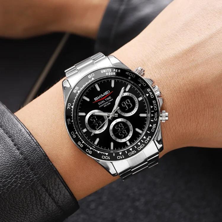 SKMEI silver triple-dial chronograph watch with black dial, digital subdials, and metal bracelet