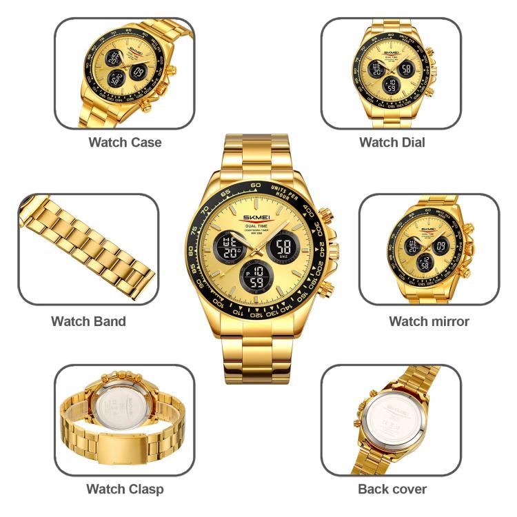 SKMEI gold watch parts diagram showing case, dial, band, clasp, and back cover