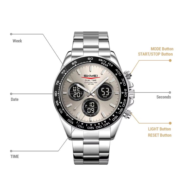 SKMEI silver triple-dial chronograph watch with labeled buttons and subdial indicators