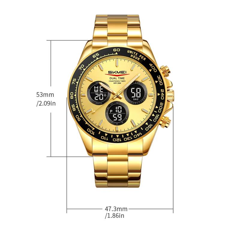 SKMEI gold triple-dial chronograph watch size diagram with stainless steel bracelet