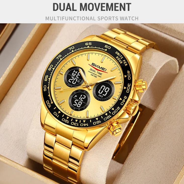 SKMEI gold triple-dial chronograph watch on display with black digital subdials