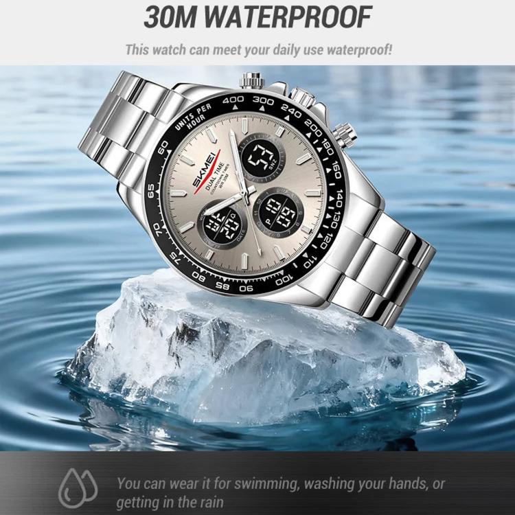 SKMEI silver triple-dial chronograph watch shown with water splash backdrop