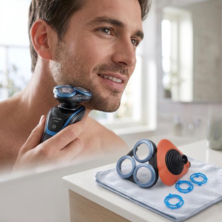 Shaver head retainer cover base set with blue and orange covers and blue rings