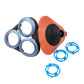 Orange shaver head retainer cover base with blue snap-on rings and covers