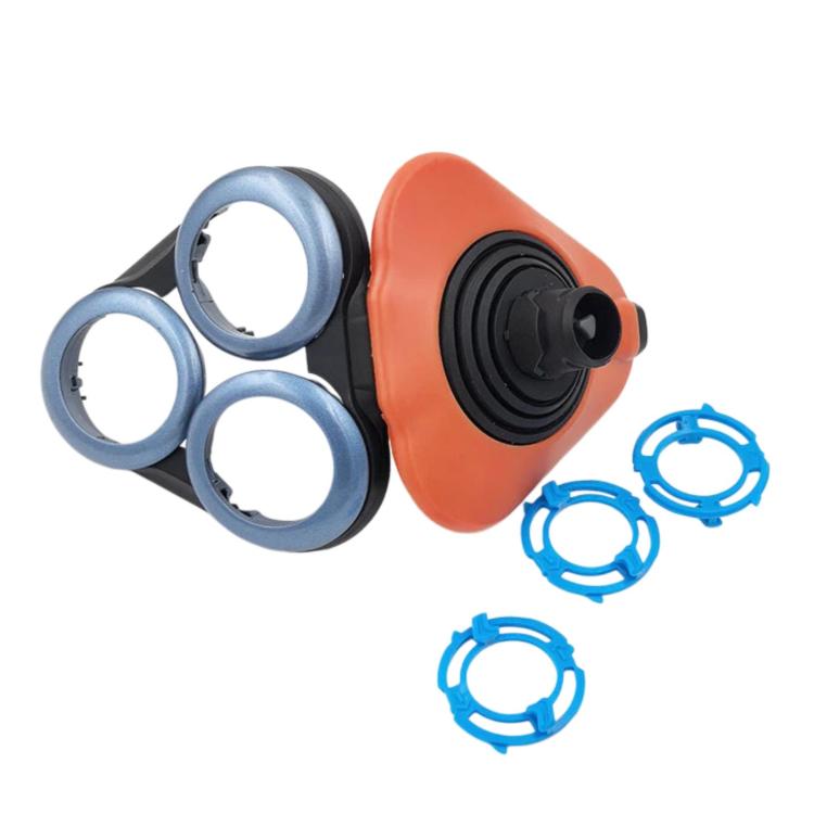 Orange shaver head retainer cover base with blue snap-on rings and covers