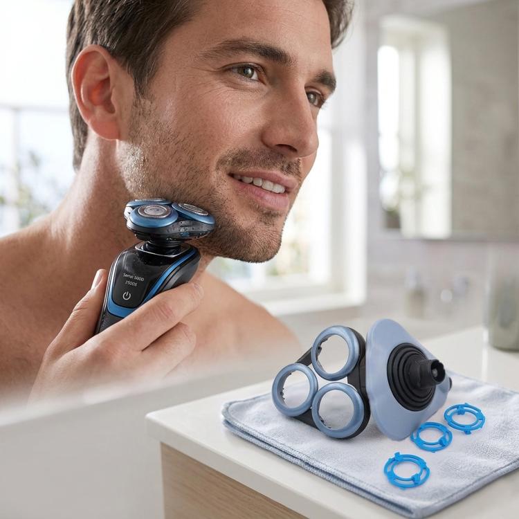 Shaver head retainer cover base with light blue cover and detached blue rings