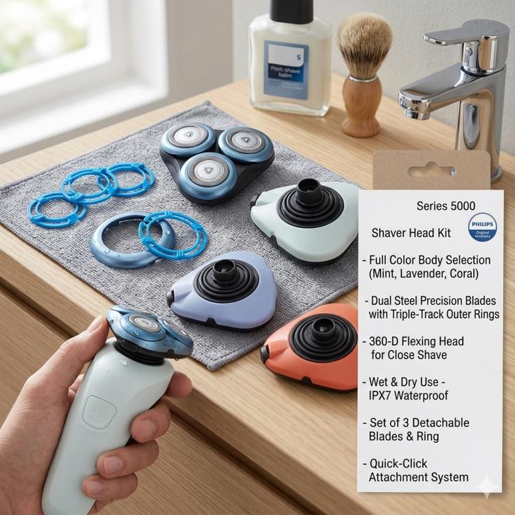 Shaver head retainer cover base kit with orange and gray-blue covers and rings