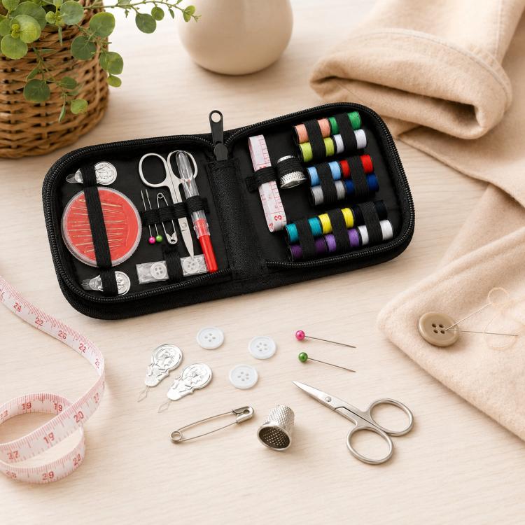 Portable mini sewing kit case with needles, scissors, measuring tape, and color thread spools