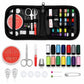 Mini sewing kit set with open black case, scissors, thread reels, needles, thimble, and pins