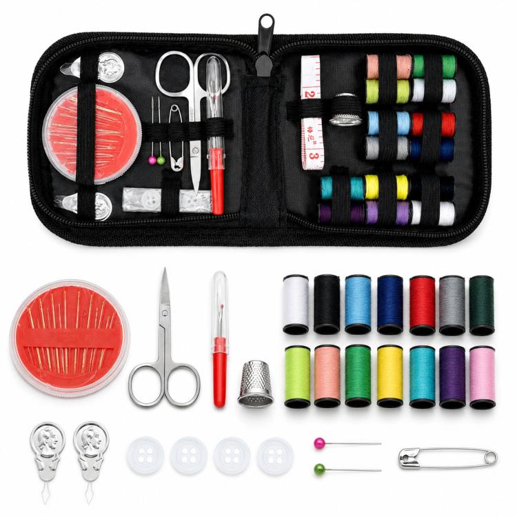 Mini sewing kit set with open black case, scissors, thread reels, needles, thimble, and pins