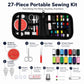 Portable sewing kit set in black zip case with multicolor thread reels and essential tools
