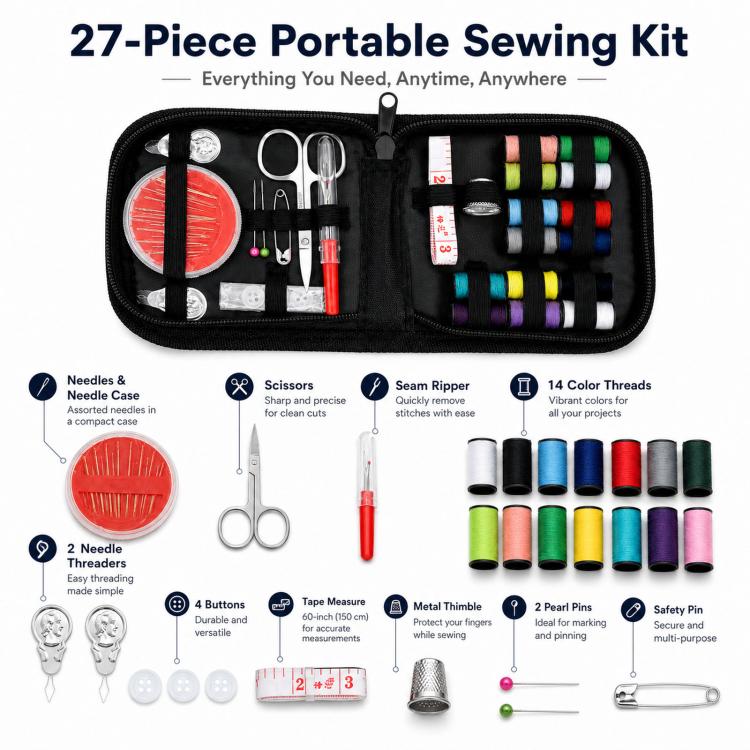 Portable sewing kit set in black zip case with multicolor thread reels and essential tools