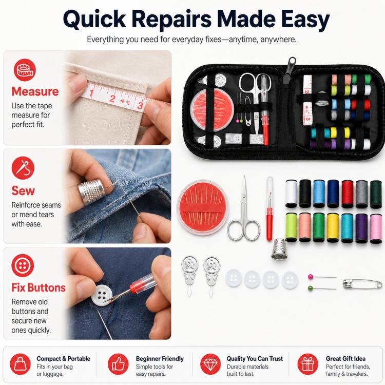 Black zip sewing kit case with thread spools, needles, scissors, tape measure, and pins