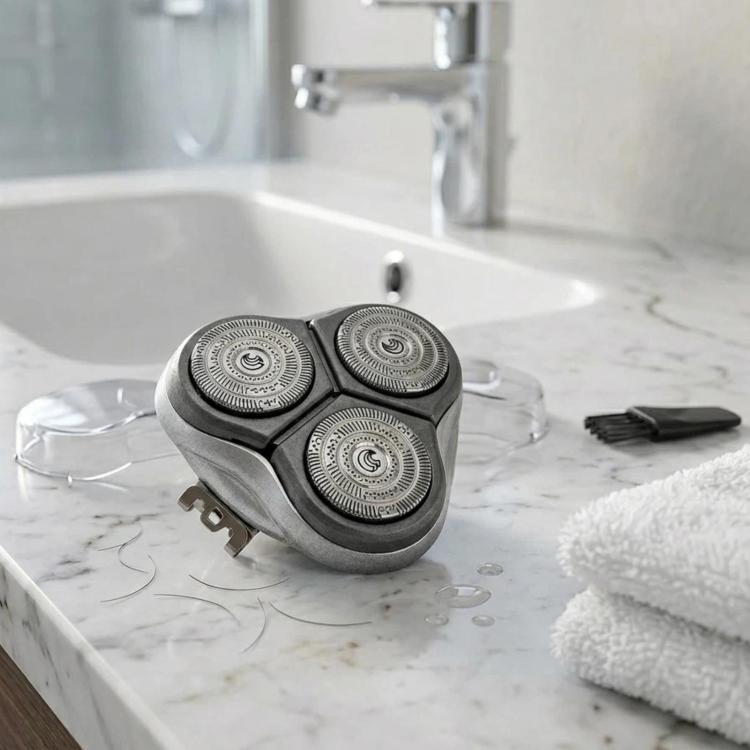 Rotary shaver replacement head with three circular cutter foils, dark metal frame