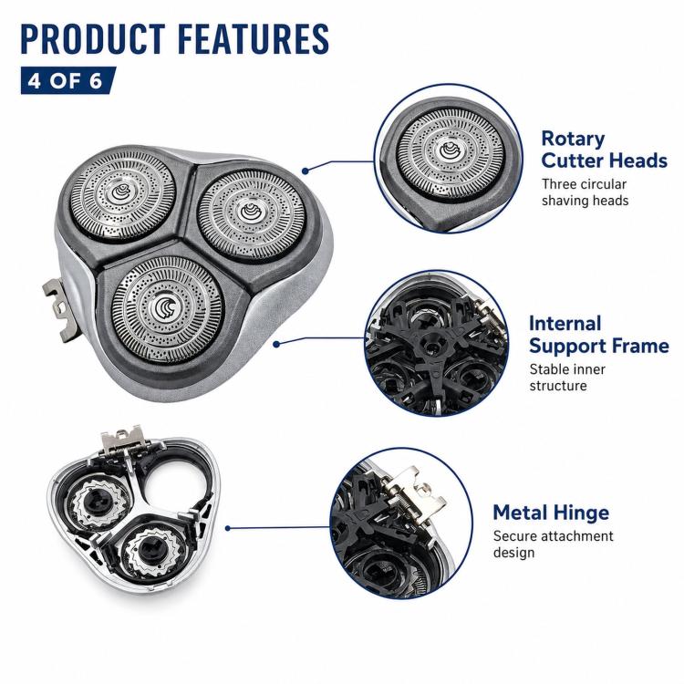 Triple rotary shaver head replacement with internal support frame and metal hinge