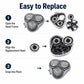 Rotary shaver head replacement set showing snap-in head frame steps