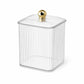 Clear square storage box with square lid and gold knob, empty