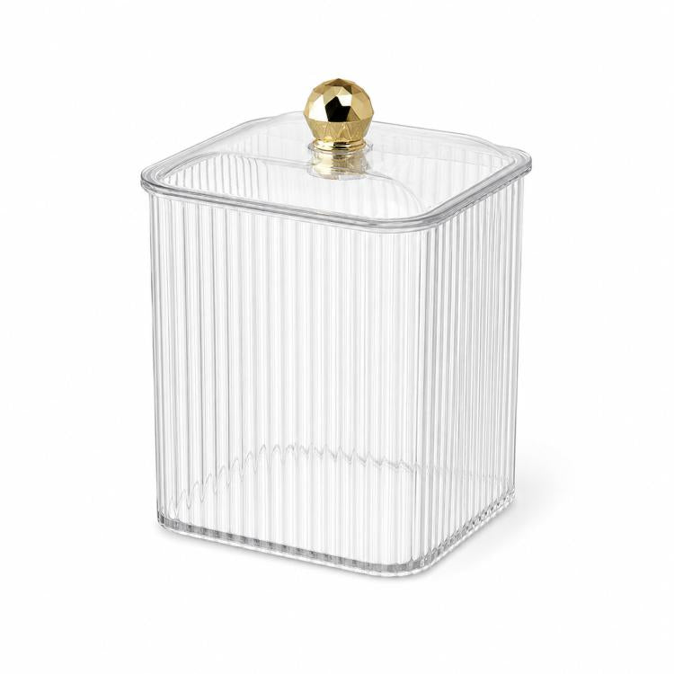 Clear square storage box with square lid and gold knob, empty