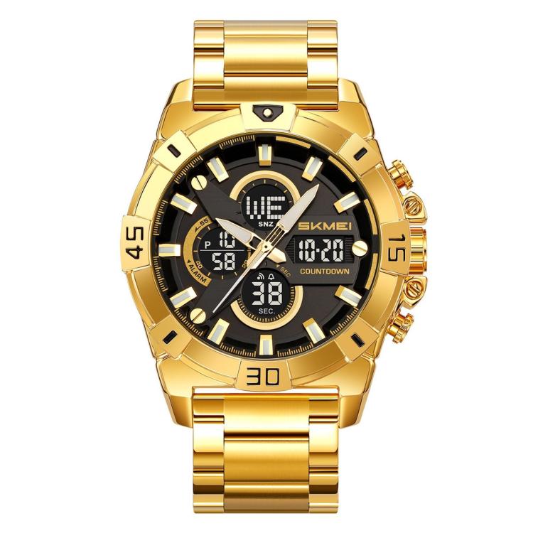 Gold dual-display sports watch with black dial and stainless steel bracelet