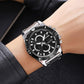 Silver and black dual-display sports watch with metal bracelet and black dial