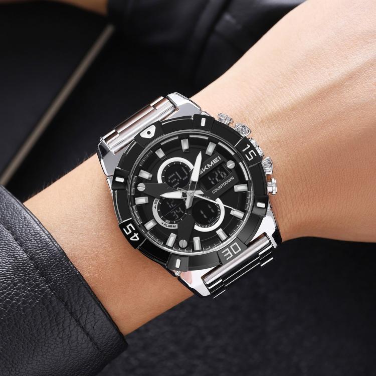 Silver and black dual-display sports watch with metal bracelet and black dial