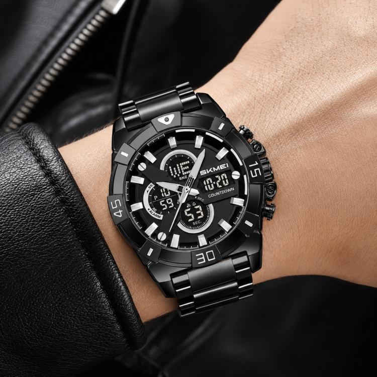 Black dual-display sports watch with metal bracelet and black dial