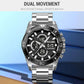 Silver dual-display sports watch with black dial and stainless steel bracelet