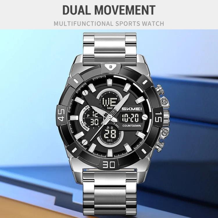 Silver dual-display sports watch with black dial and stainless steel bracelet
