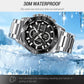 Silver dual-display sports watch with black dial and wide stainless steel bracelet