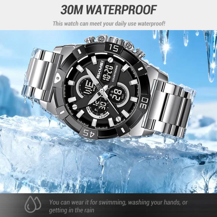 Silver dual-display sports watch with black dial and wide stainless steel bracelet
