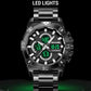 Black dual-display sports watch with green LED lighted dial and metal bracelet