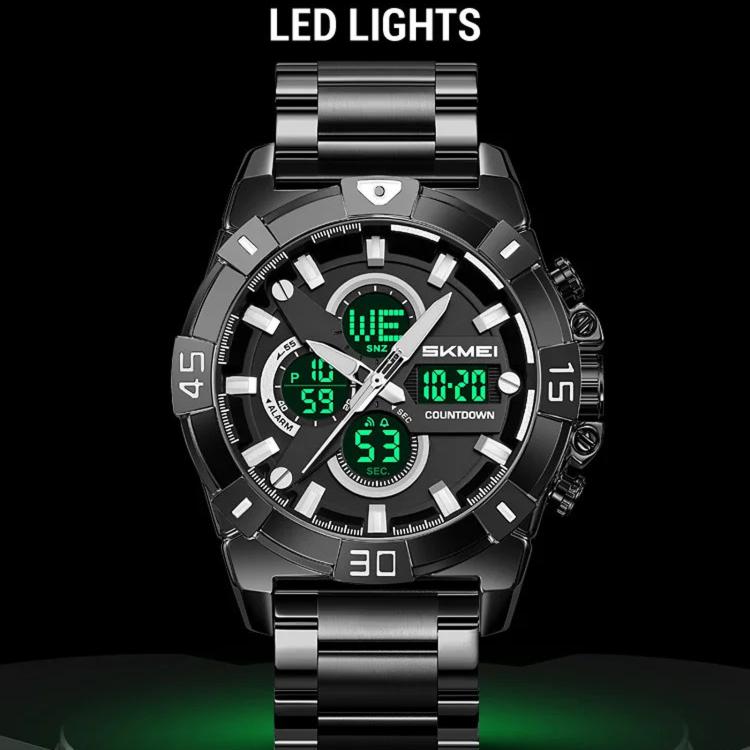 Black dual-display sports watch with green LED lighted dial and metal bracelet