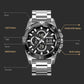 Silver dual-display sports watch with black dial and stainless bracelet