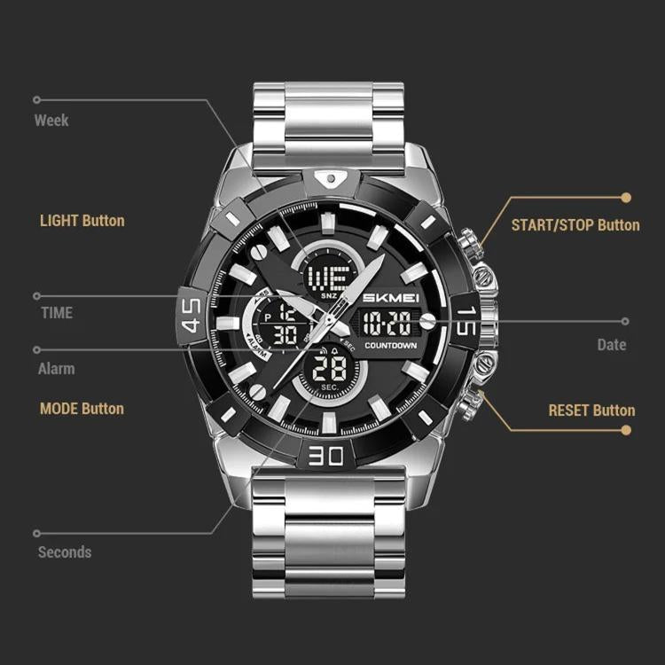 Silver dual-display sports watch with black dial and stainless bracelet