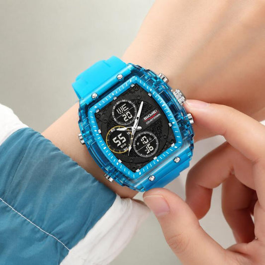 Blue transparent digital sports watch with dual dials on wrist