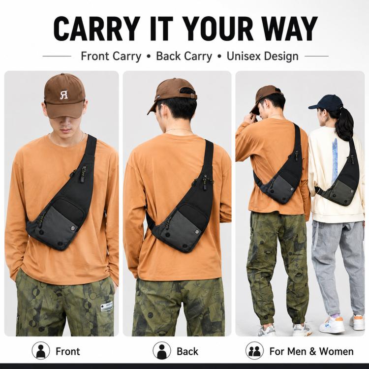 Waterproof crossbody chest bag on model, black with front zip pocket and adjustable strap.