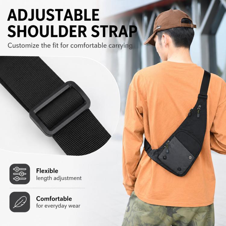 Black crossbody chest bag with adjustable shoulder strap and front zip pocket.