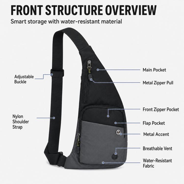 Crossbody chest bag front view, main pocket with front zipper and adjustable shoulder strap.