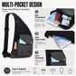 Crossbody chest bag with multiple pockets, front zipper compartment and flap pocket.