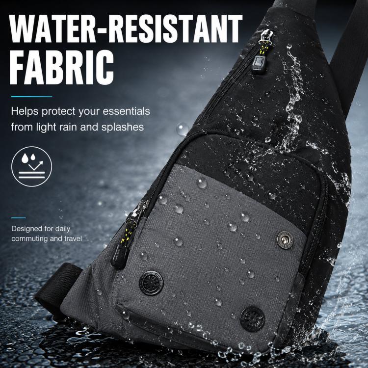 Color-block waterproof crossbody chest bag, black and dark gray, front zipper pocket.