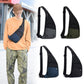 Color-block crossbody bags, black with gray and olive panels, adjustable shoulder strap.