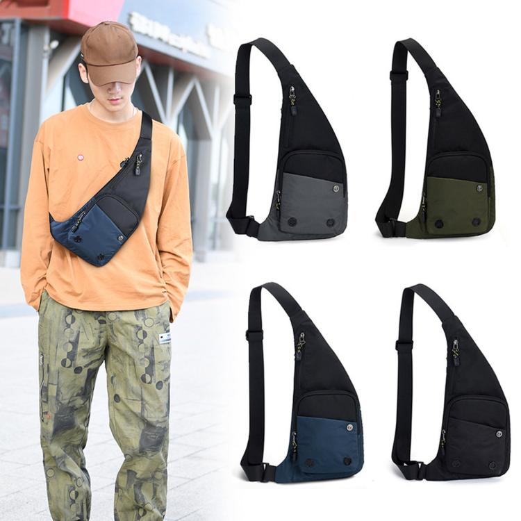 Color-block crossbody bags, black with gray and olive panels, adjustable shoulder strap.